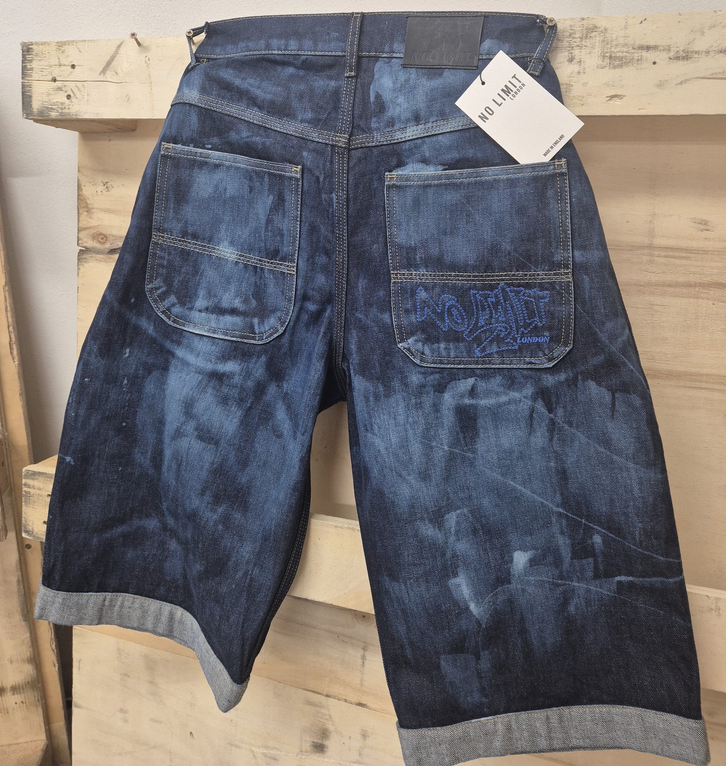 Men's Denim Shorts Bleached 3 Quarter Length No Limit London Logo - 128 S