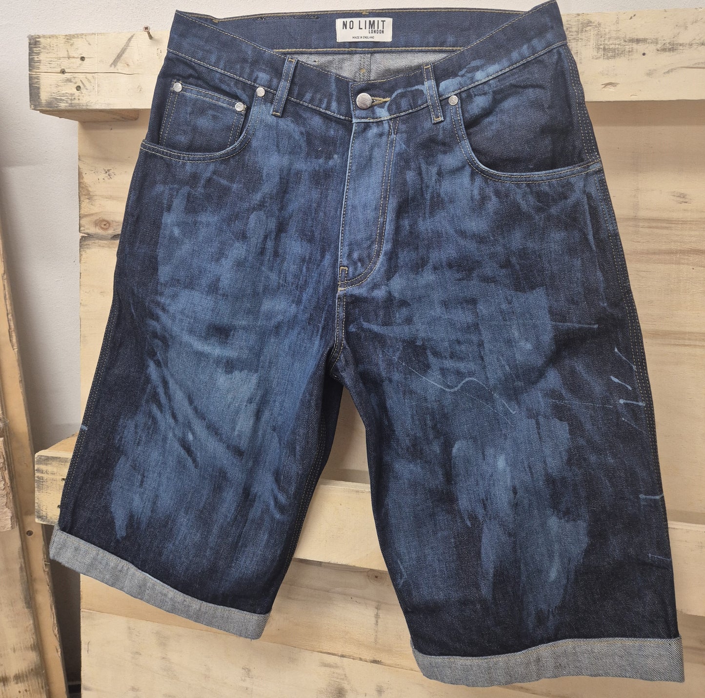 Men's Denim Shorts Bleached 3 Quarter Length No Limit London Logo - 128 S