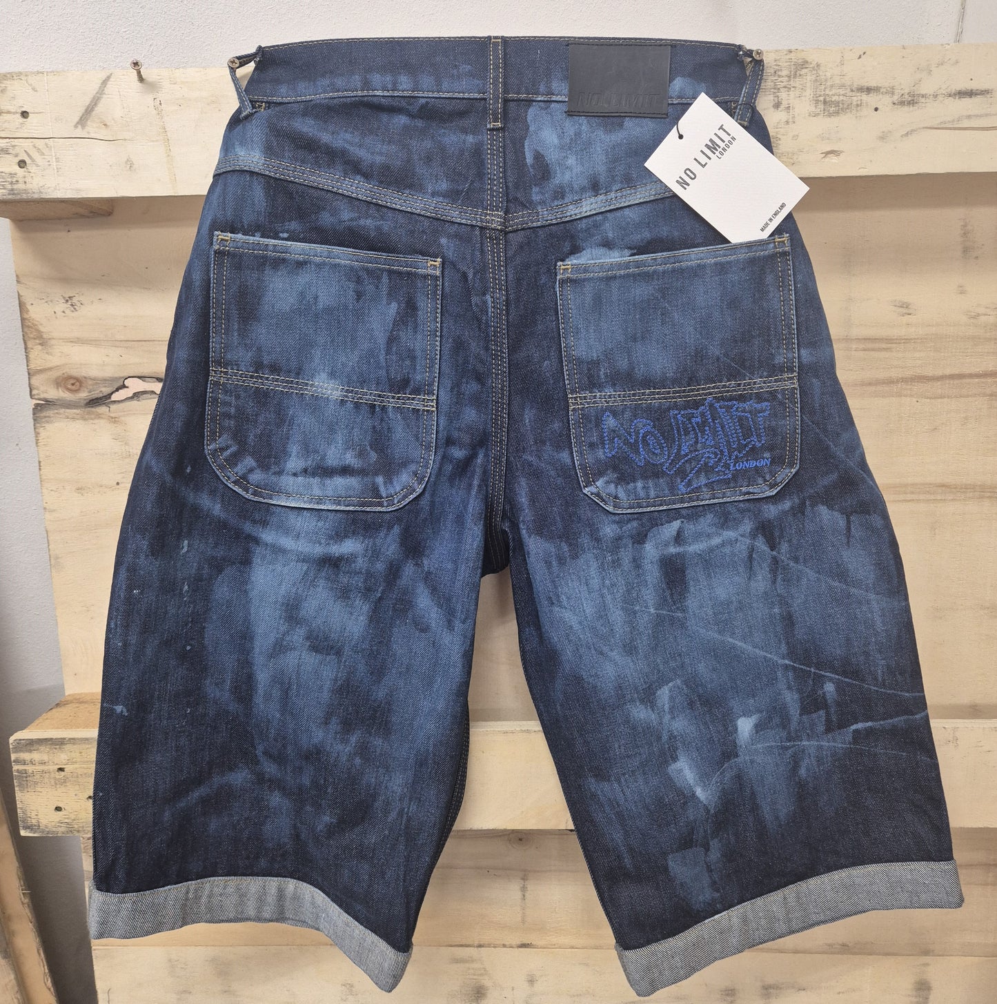 Men's Denim Shorts Bleached 3 Quarter Length No Limit London Logo - 128 S