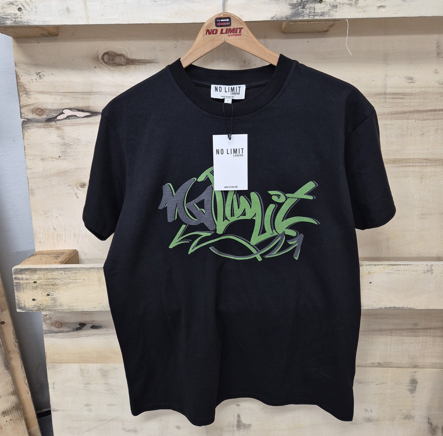 Men's Black Crew Neck Muscle T-shirt Green No Limit Graffiti Logo