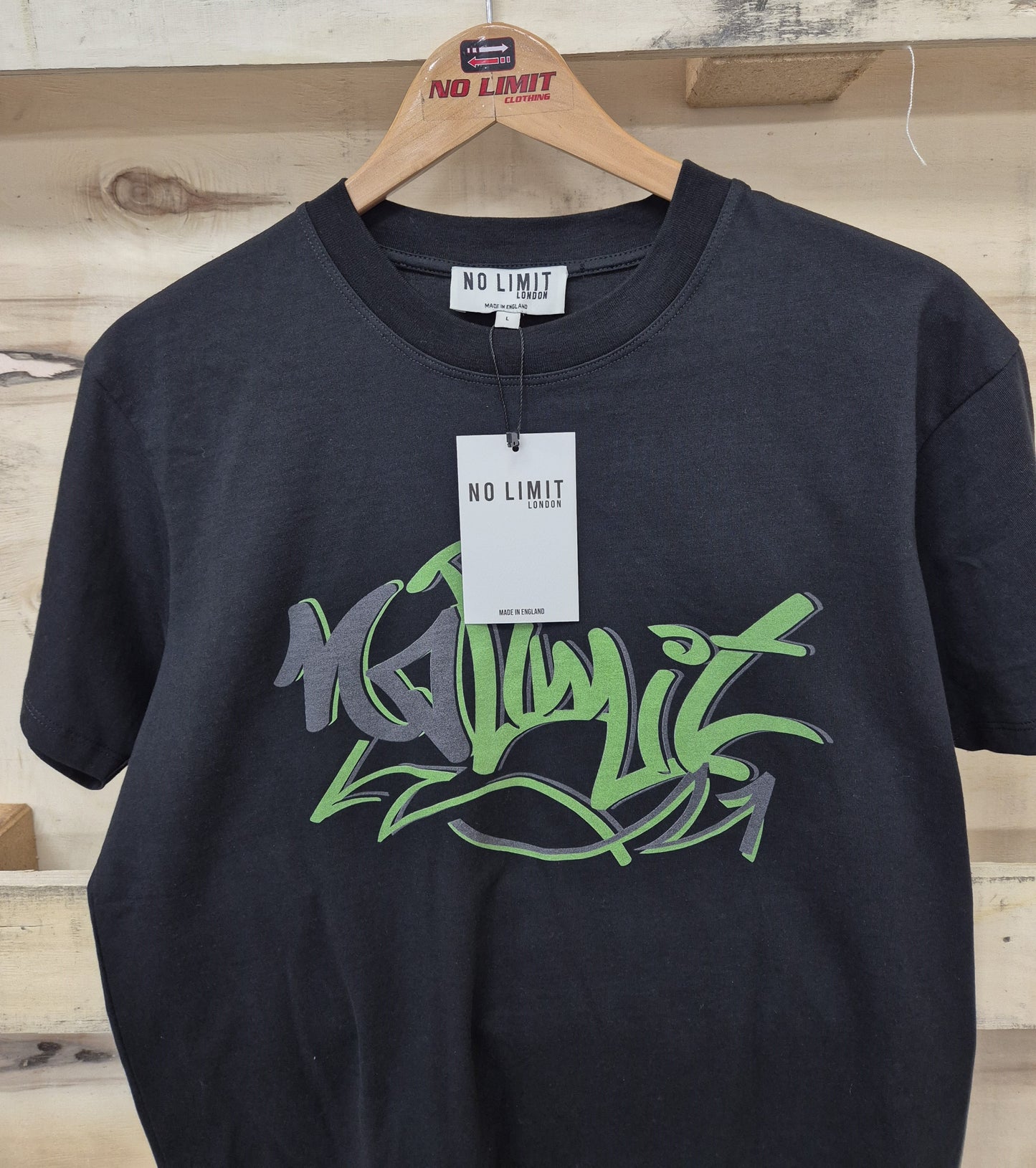 Men's Black Crew Neck Muscle T-shirt Green No Limit Graffiti Logo