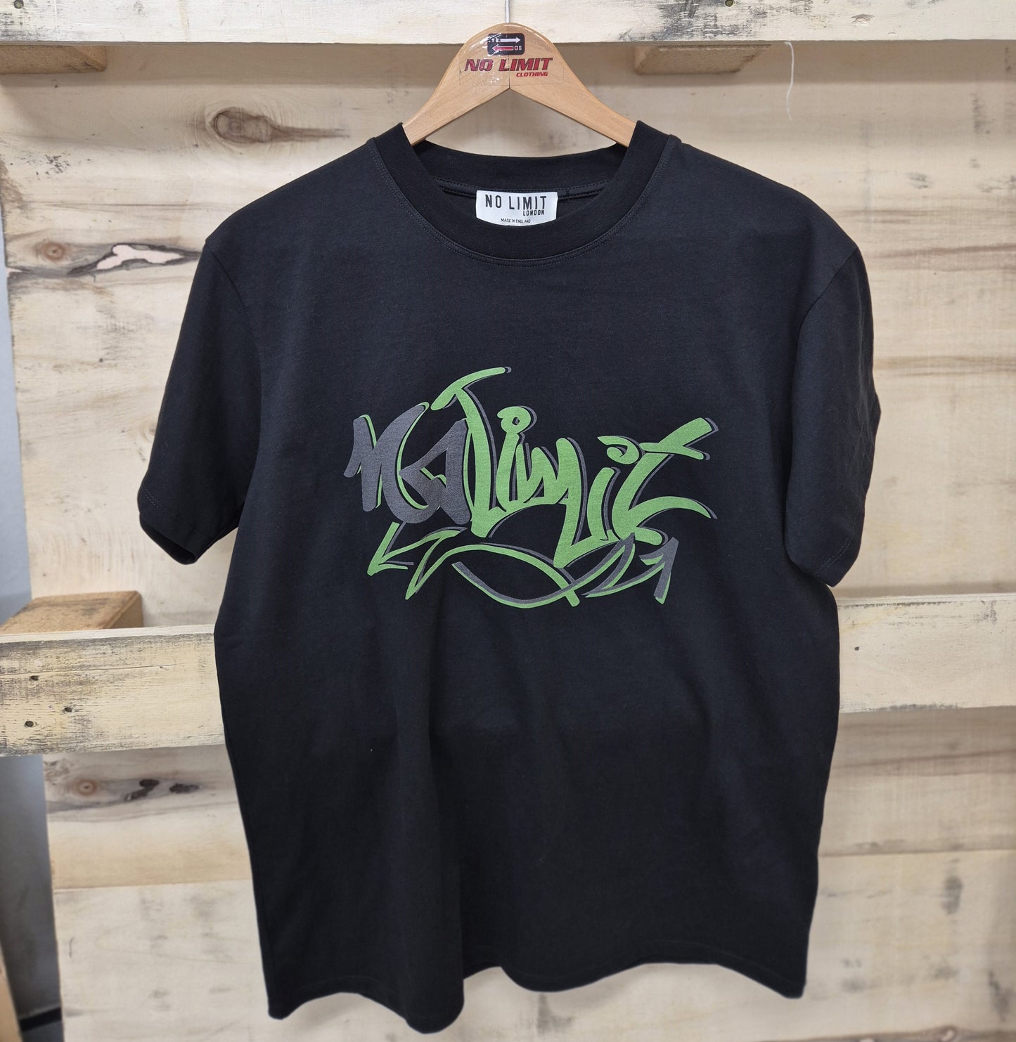 Men's Black Crew Neck Muscle T-shirt Green No Limit Graffiti Logo