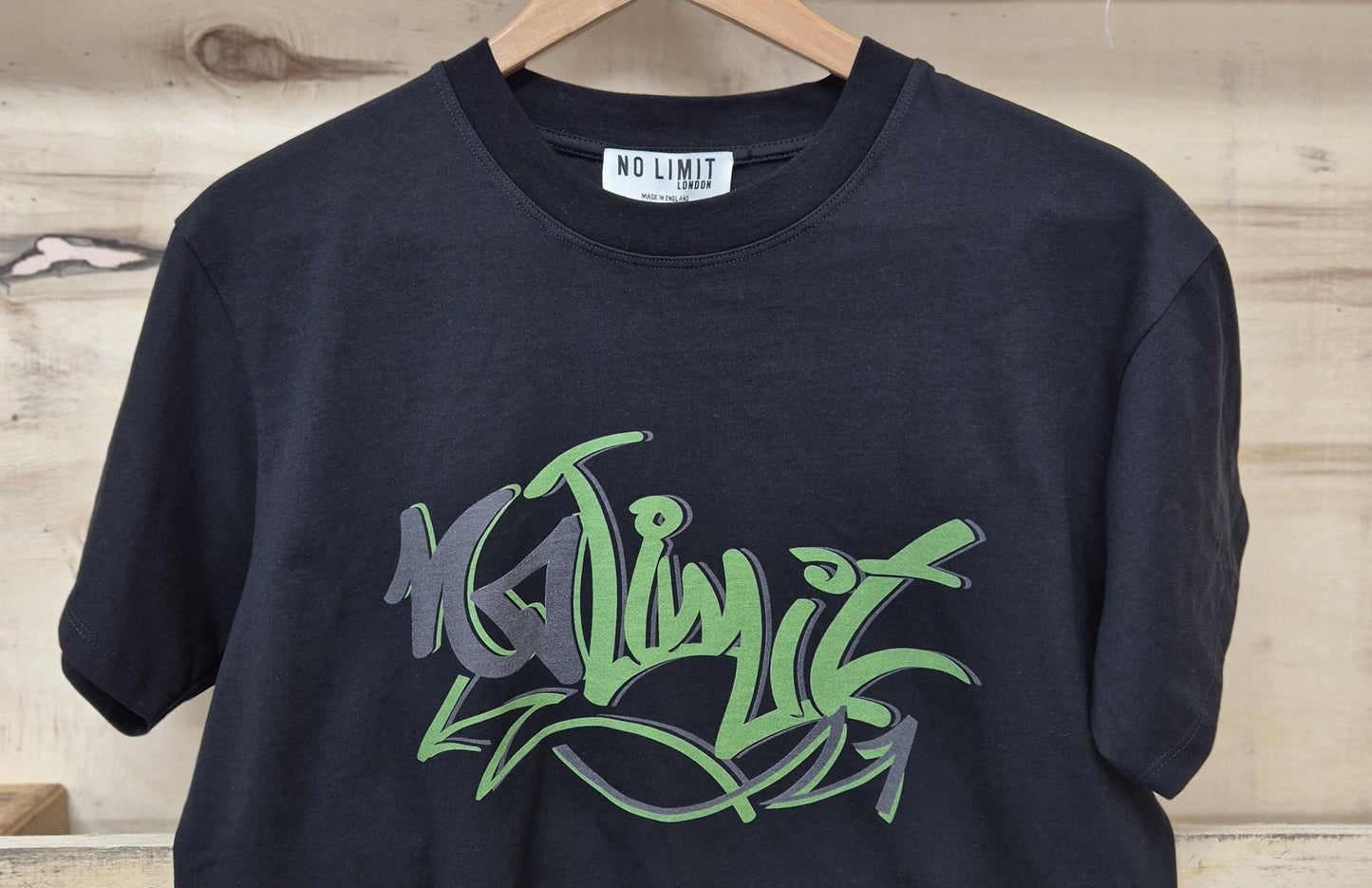 Men's Black Crew Neck Muscle T-shirt Green No Limit Graffiti Logo