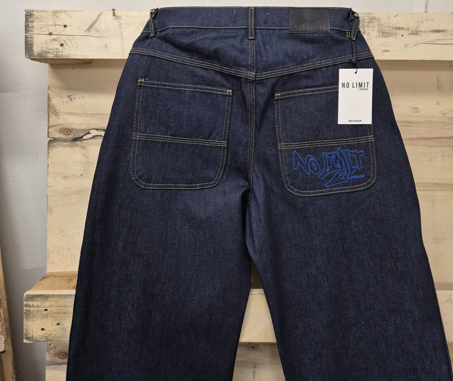 Mens Blue Baggy 24" Wide Leg Denim Blue No Limit Graffiti Logo Jeans - 128 No Limit London