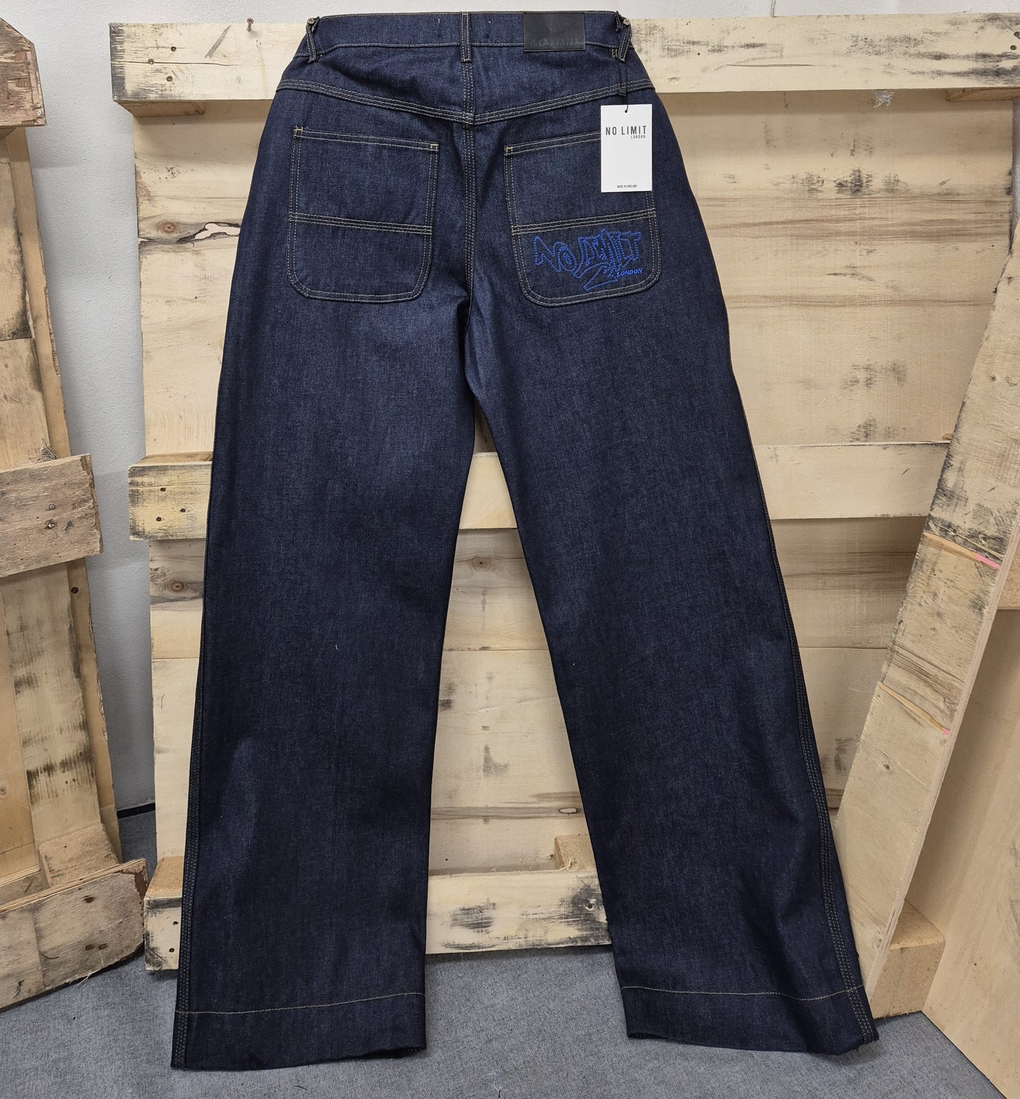 Mens Blue Baggy 24" Wide Leg Denim Blue No Limit Graffiti Logo Jeans - 128 No Limit London