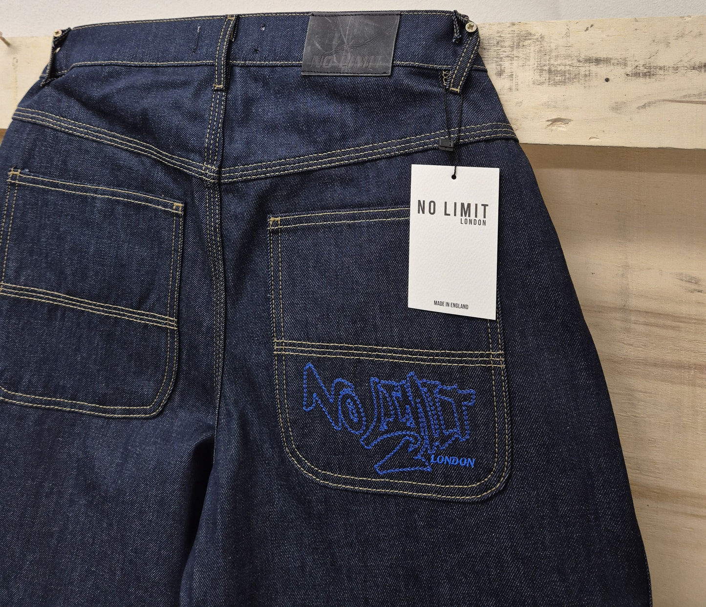 Mens Blue Baggy 24" Wide Leg Denim Blue No Limit Graffiti Logo Jeans - 128 No Limit London