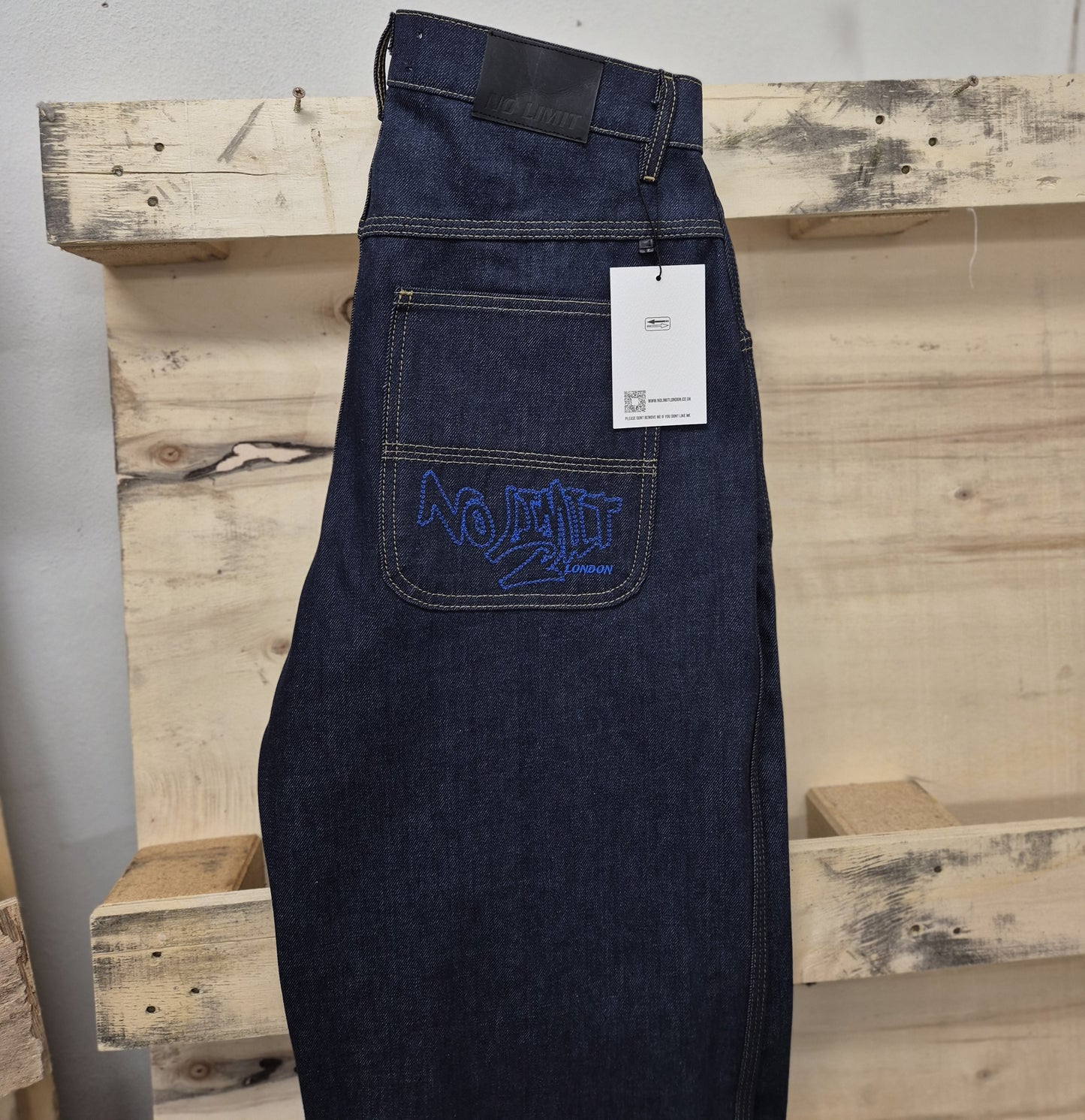 Mens Blue Baggy 24" Wide Leg Denim Blue No Limit Graffiti Logo Jeans - 128 No Limit London