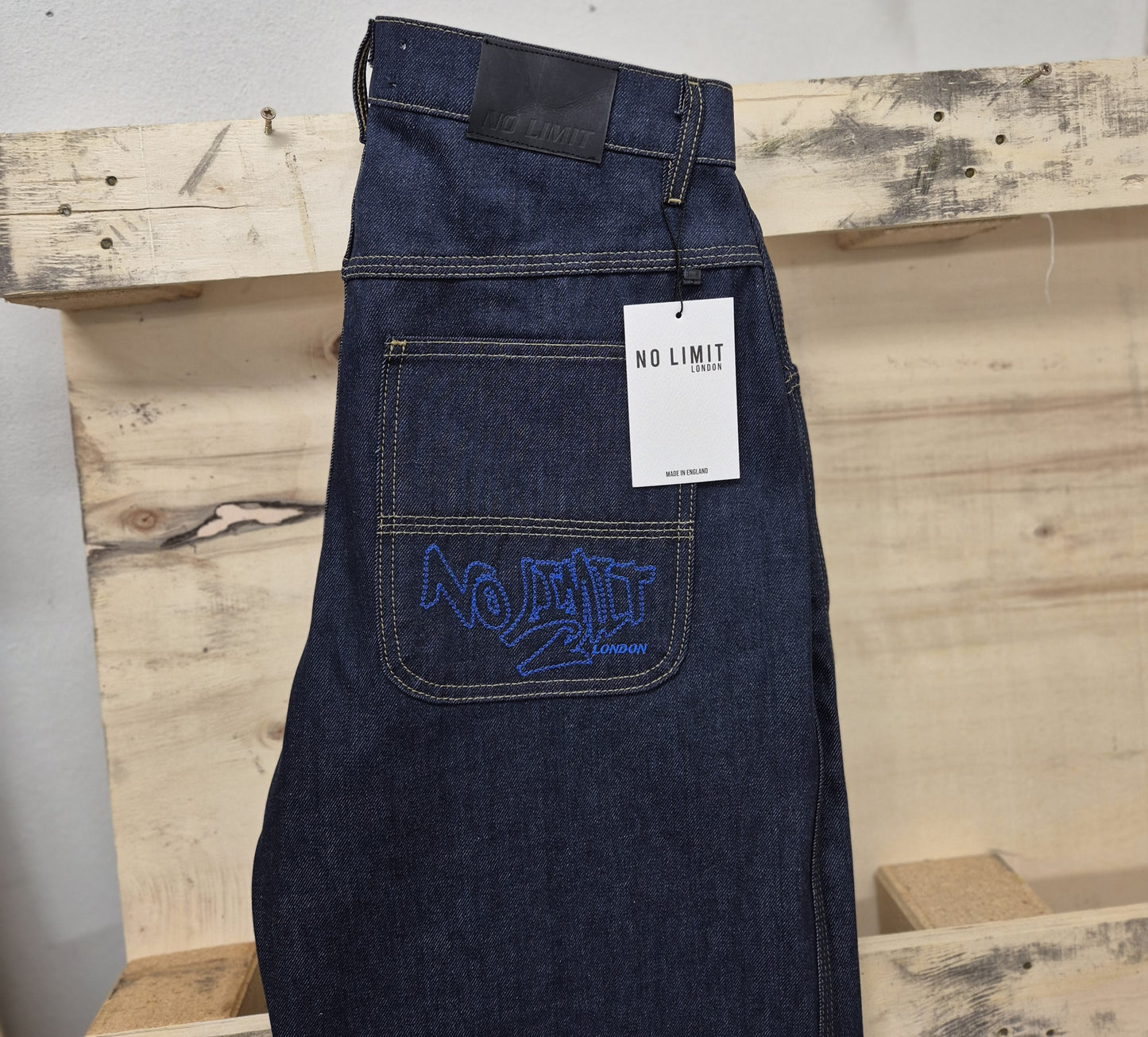 Mens Blue Baggy 24" Wide Leg Denim Blue No Limit Graffiti Logo Jeans - 128 No Limit London