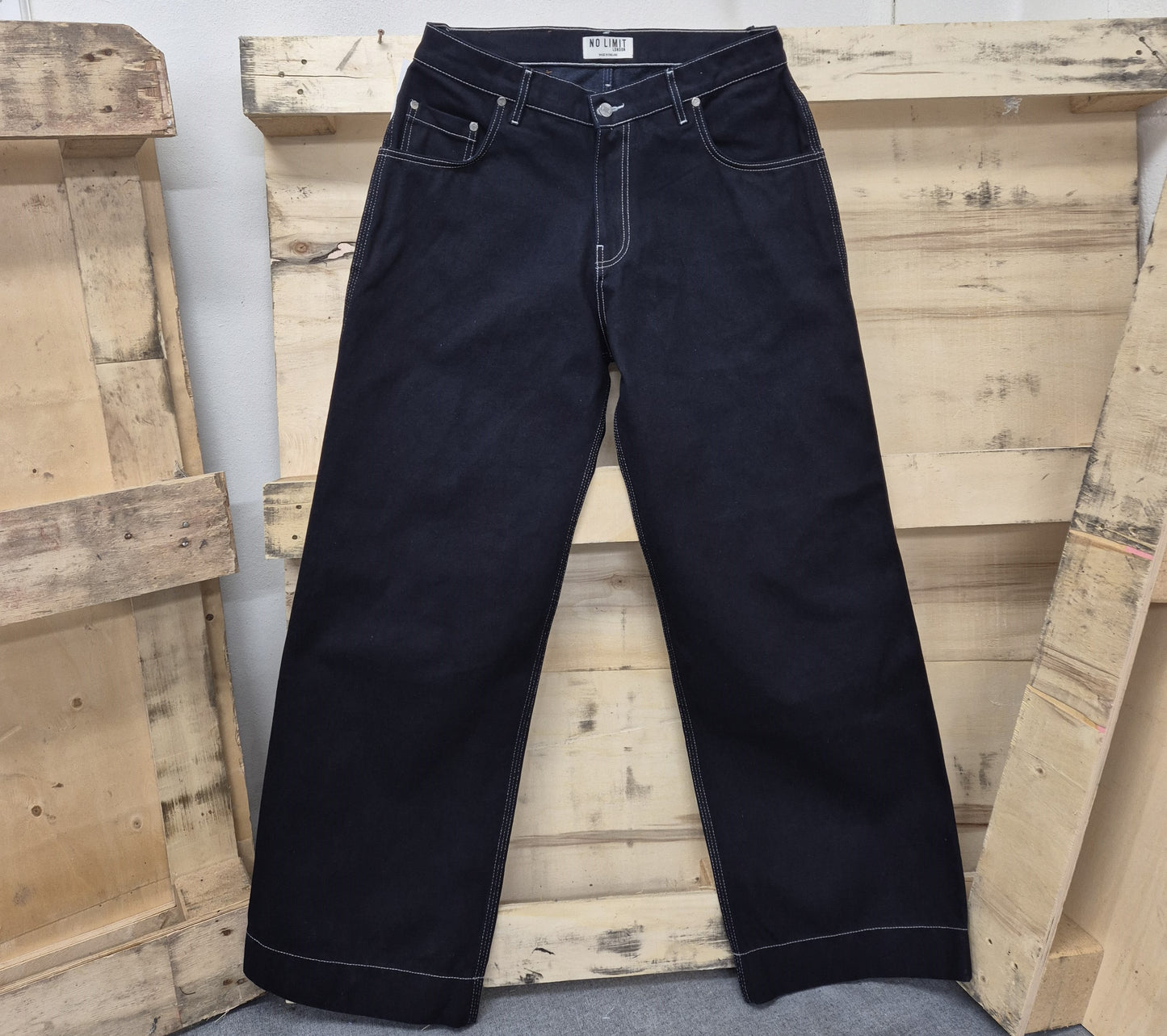 Men's Blue Baggy jeans 24" Wide Leg Denim Jeans White Chain Embroidery - 128