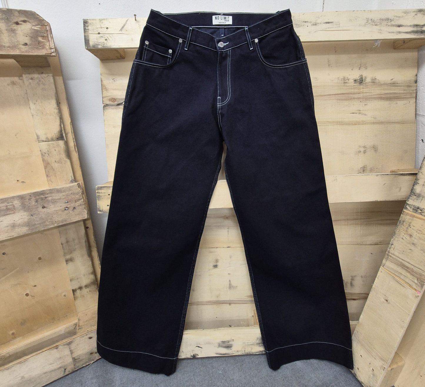 Men's Blue Baggy jeans 24" Wide Leg Denim Jeans White Chain Embroidery - 128