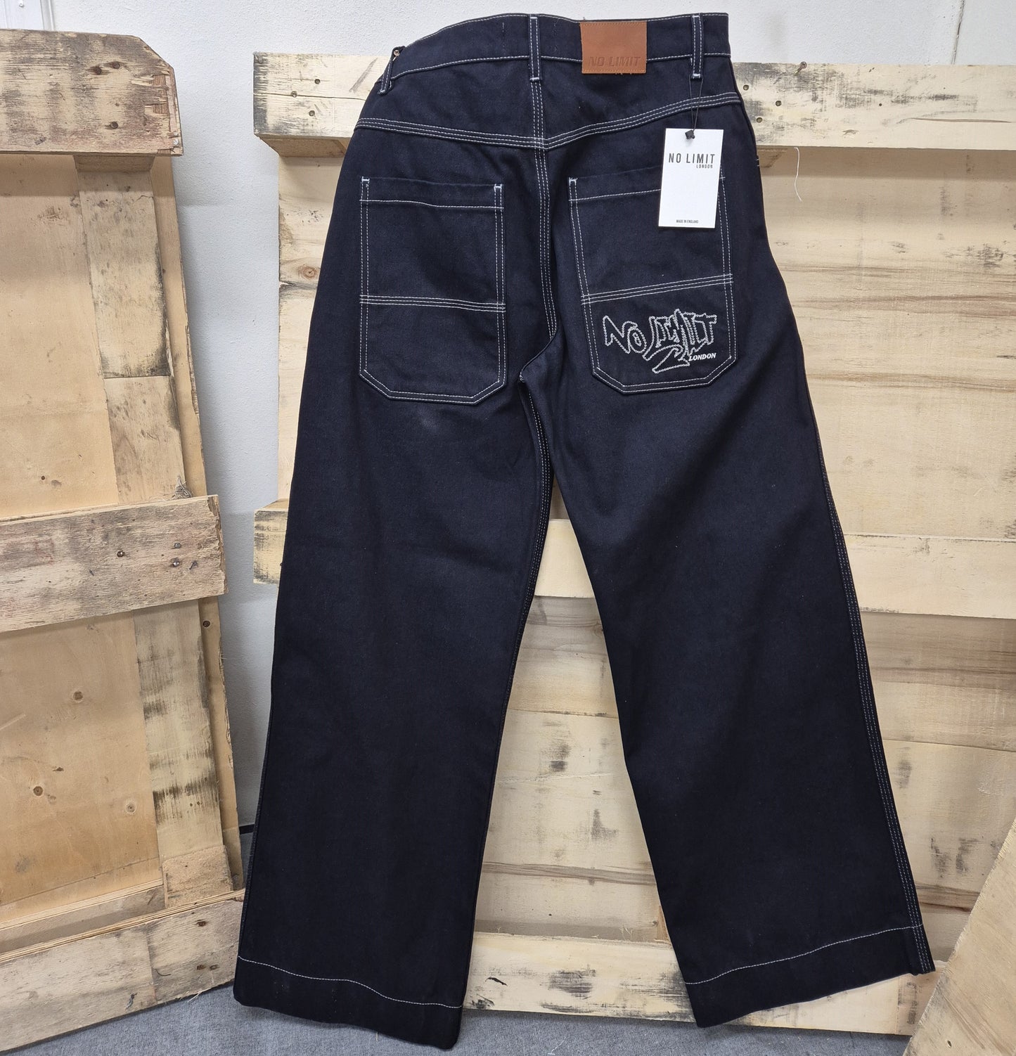 Men's Blue Baggy jeans 24" Wide Leg Denim Jeans White Chain Embroidery - 128