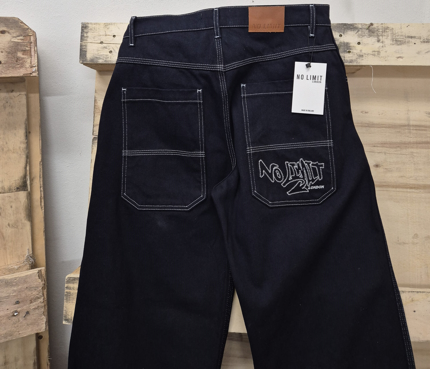 Men's Blue Baggy jeans 24" Wide Leg Denim Jeans White Chain Embroidery - 128