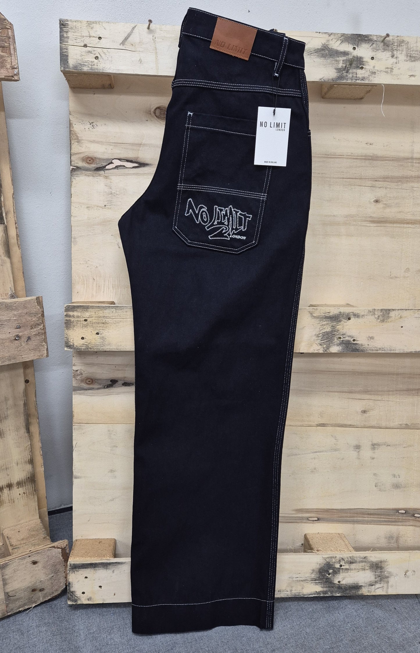 Men's Blue Baggy jeans 24" Wide Leg Denim Jeans White Chain Embroidery - 128
