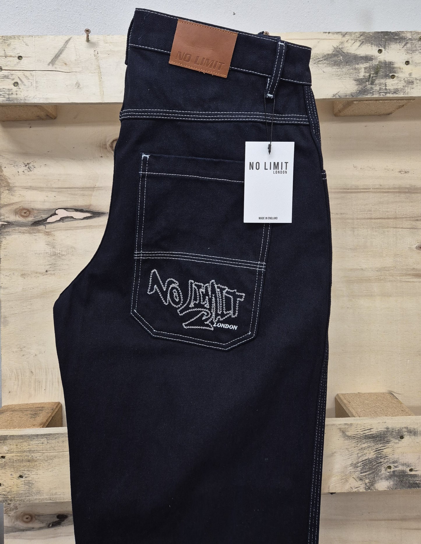 Men's Blue Baggy jeans 24" Wide Leg Denim Jeans White Chain Embroidery - 128