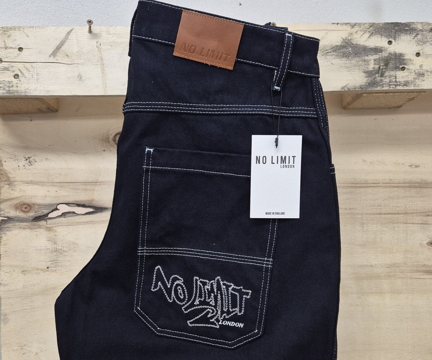 Men's Blue Baggy jeans 24" Wide Leg Denim Jeans White Chain Embroidery - 128