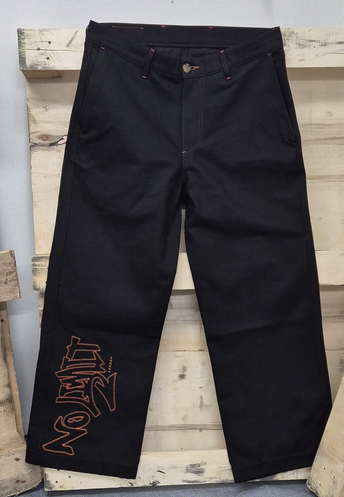 Dark Chocolate Brown Outline Logo Leg Embroidery Straight Cut Jeans