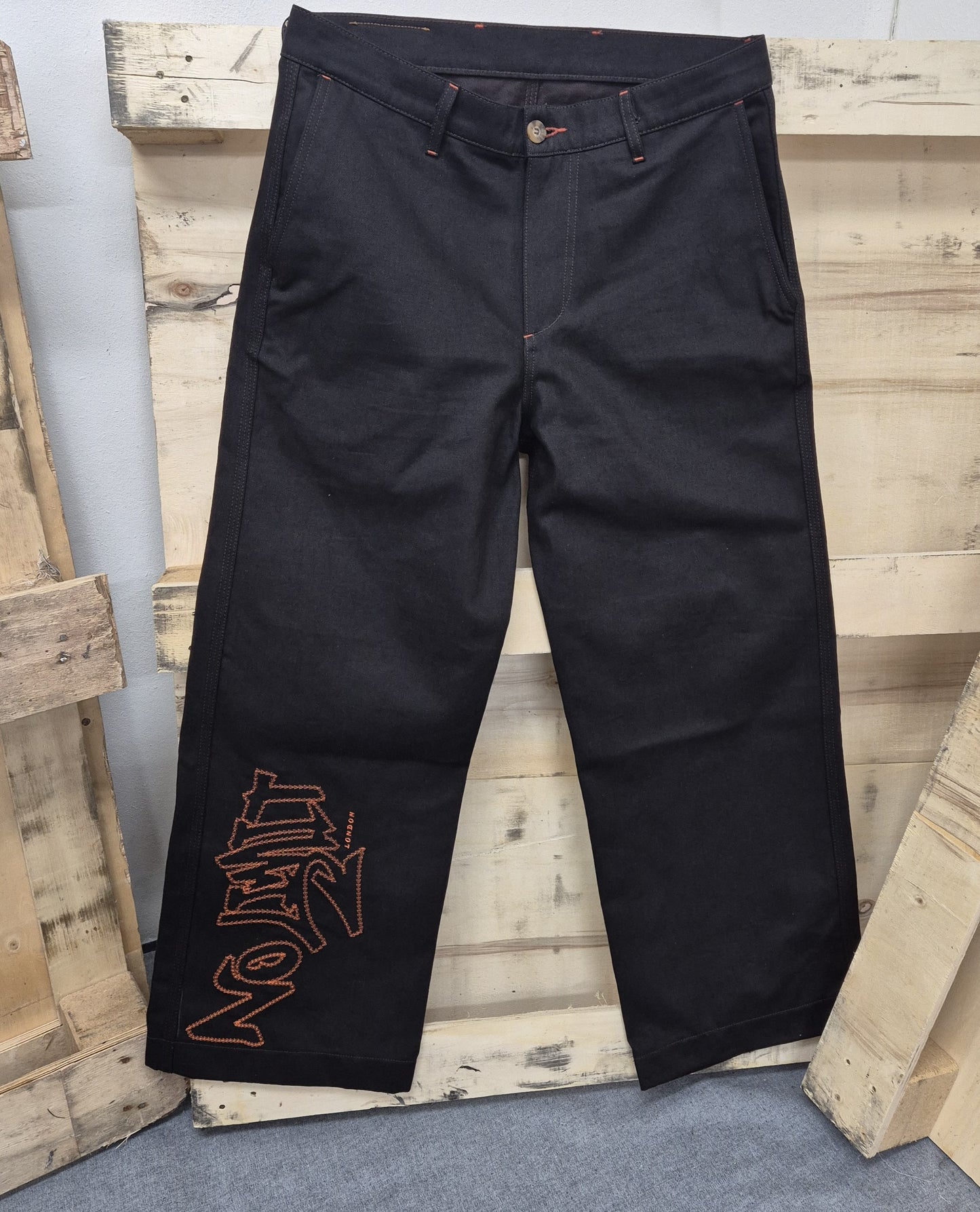 Dark Chocolate Brown Outline Logo Leg Embroidery Straight Cut Jeans
