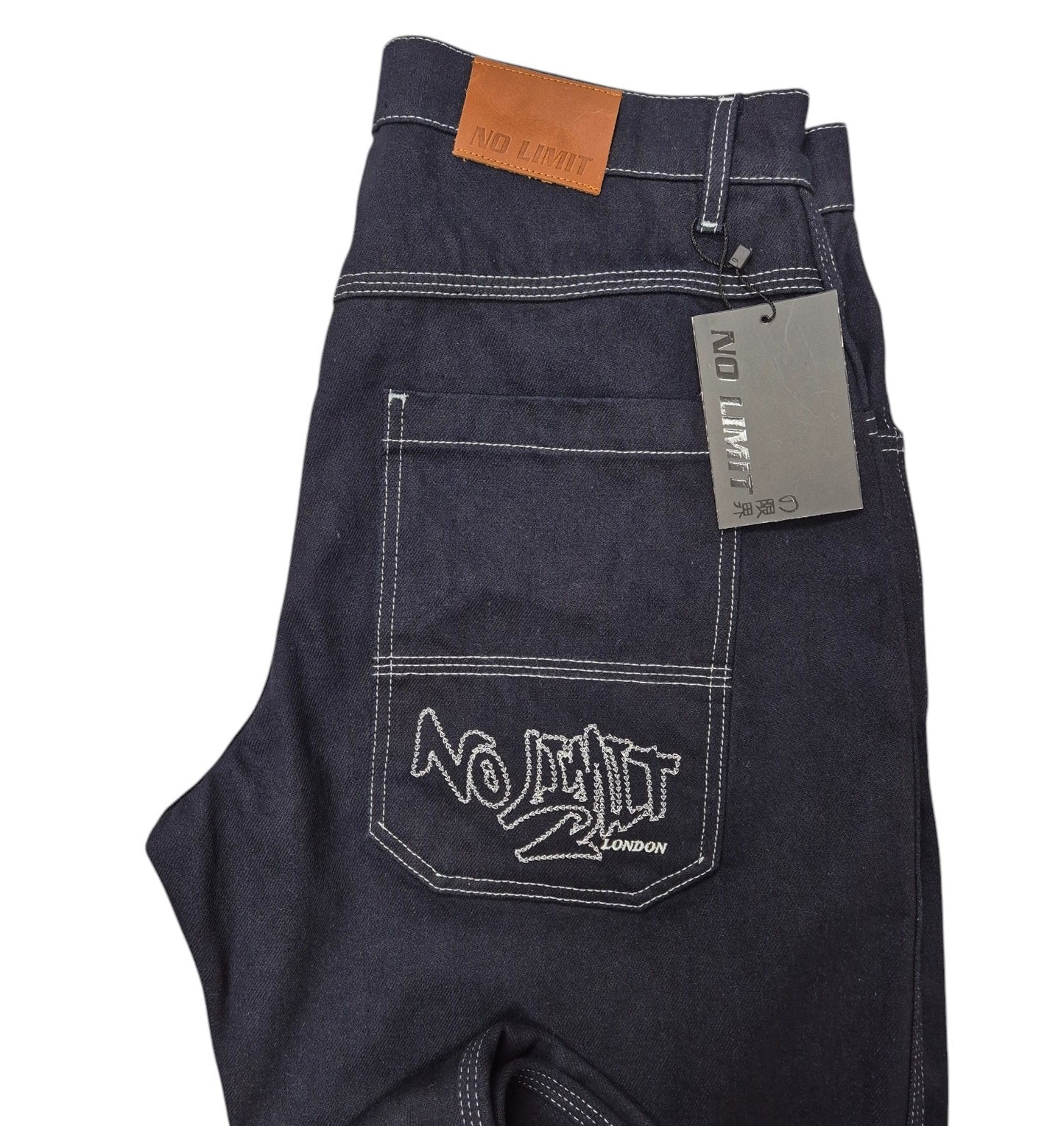 Blue Baggy 24" Wide Leg Denim Jeans White Chain Embroidery - 128