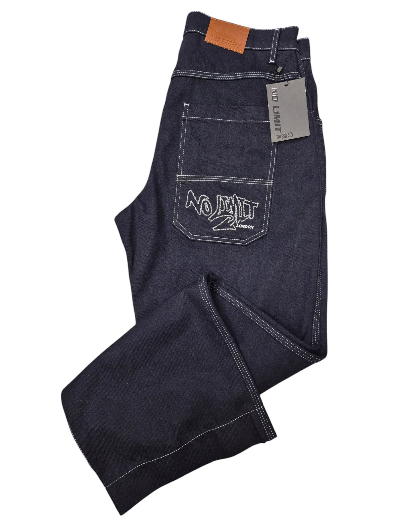Blue Baggy 24" Wide Leg Denim Jeans White Chain Embroidery - 128
