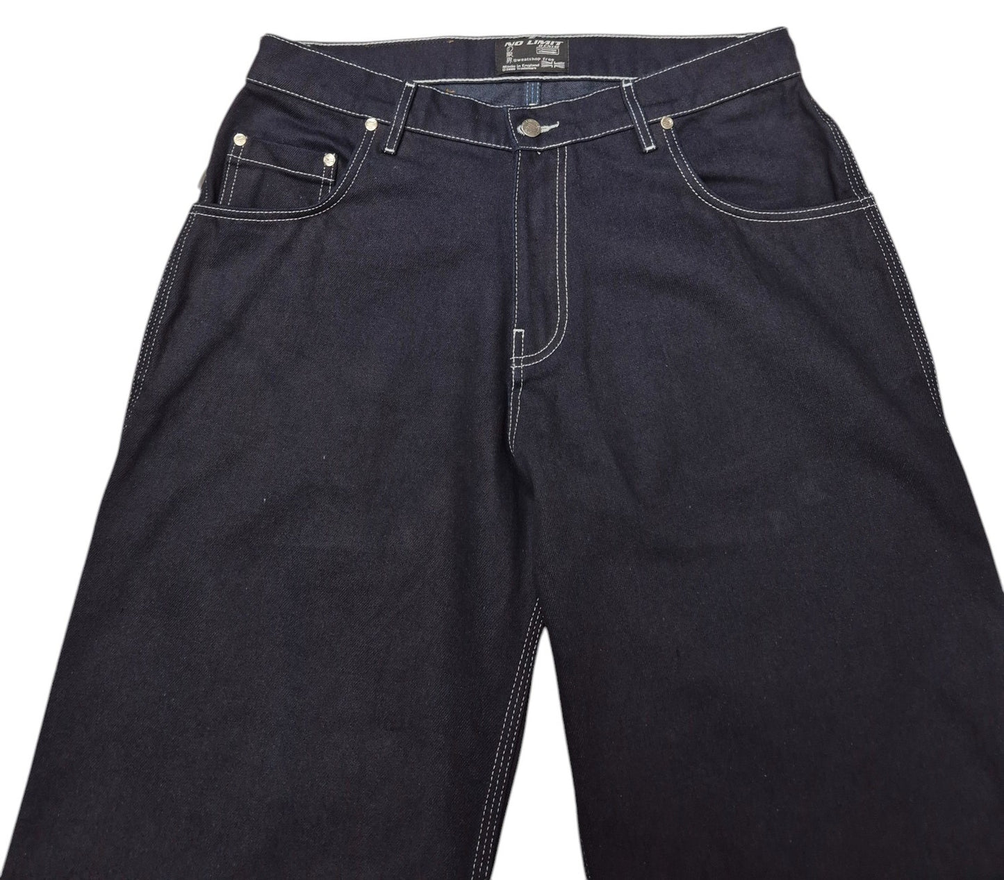 Blue Baggy 24" Wide Leg Denim Jeans White Chain Embroidery - 128