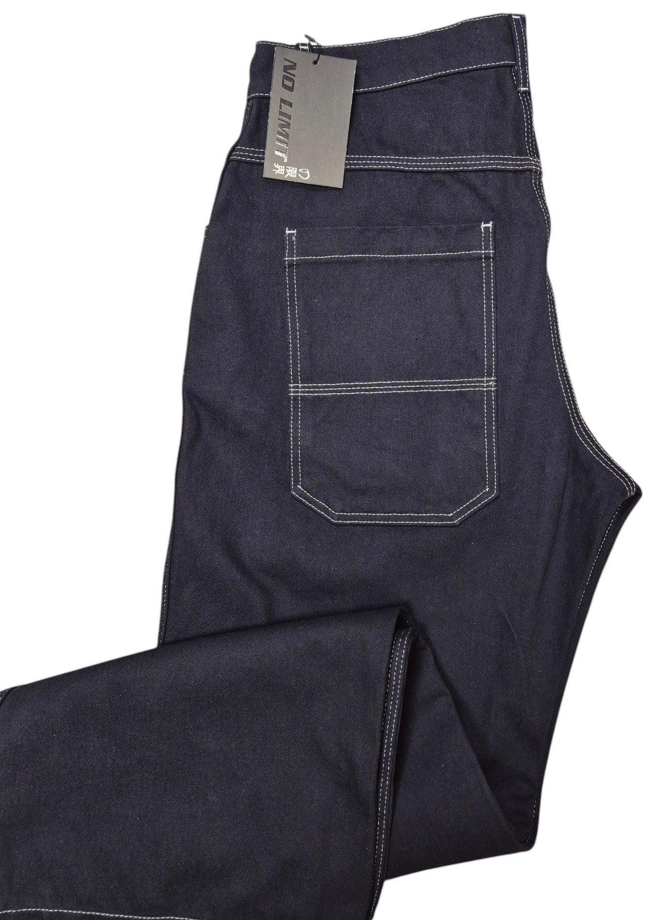 Blue Baggy 24" Wide Leg Denim Jeans White Chain Embroidery - 128