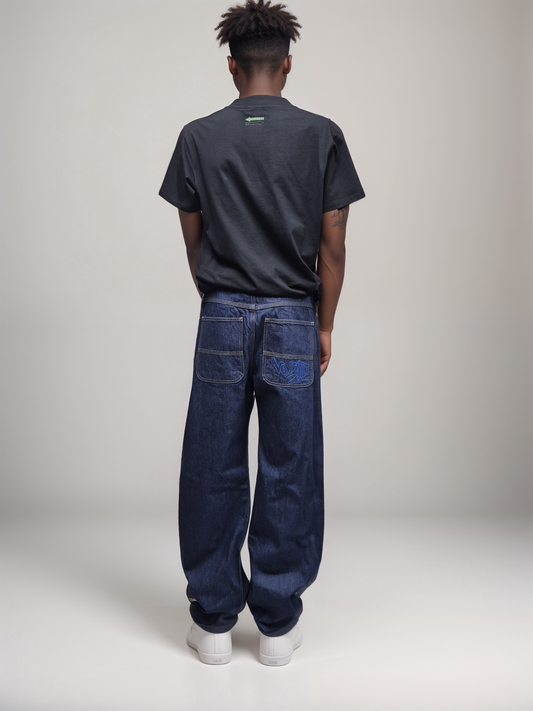 Blue Baggy 24" Wide Leg Denim Blue No Limit Graffiti Logo Jeans - 128 No Limit London