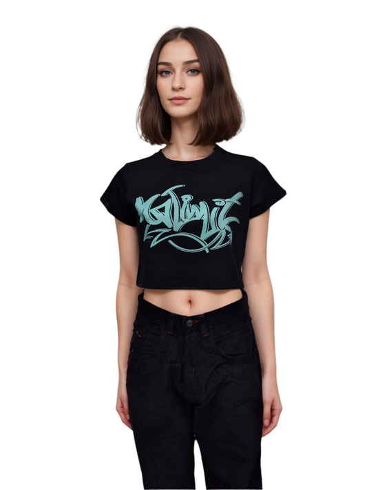 Women's Girls Black Cropped Graffiti Mint Logo T-shirts Sporty Gym wear