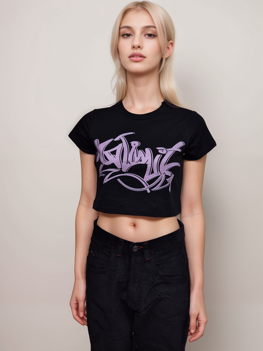 Women's Girls Black Cropped Graffiti Pink Logo T-shirts Sporty Workout Gym wear