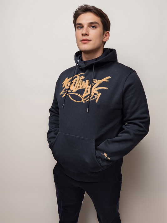 No Limit London Black Pullover Drawstring Rust Gold Print Logo Essential Hoodie