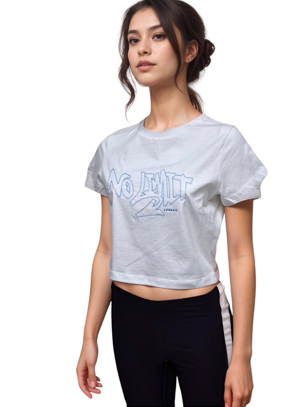 No Limit London White Cropped Sporty Tees woman's Girls Baby Blue Arro