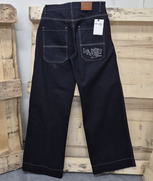 Blue Baggy 24" Wide Leg Denim Jeans White Chain Embroidery - 128