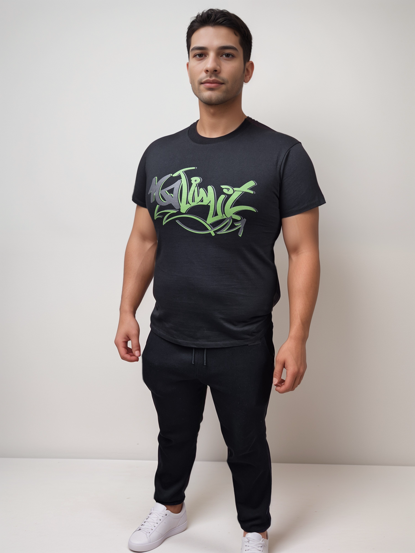 Men's Black Crew Neck Muscle T-shirt Green No Limit Graffiti Logo