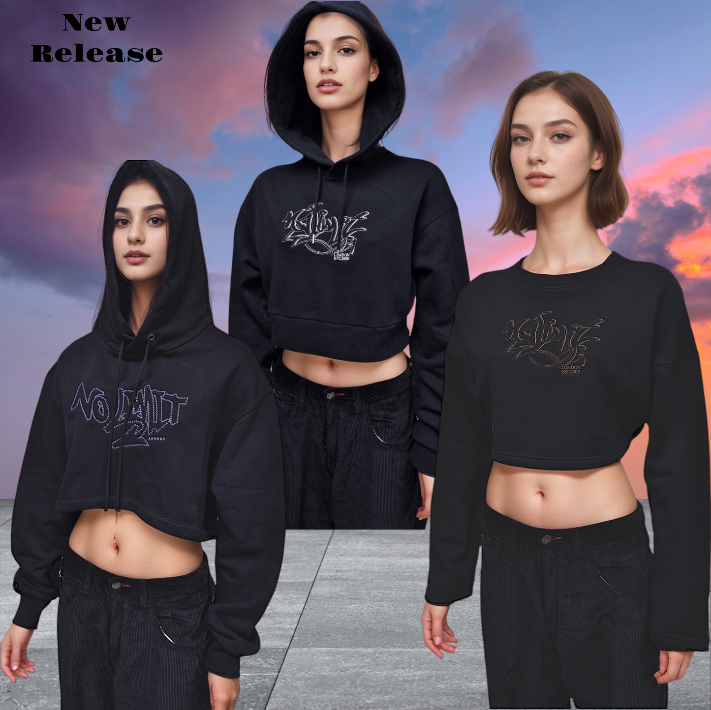 Women' Gym Black Cropped Hoodie Purple Chain No Limit London Embroidery