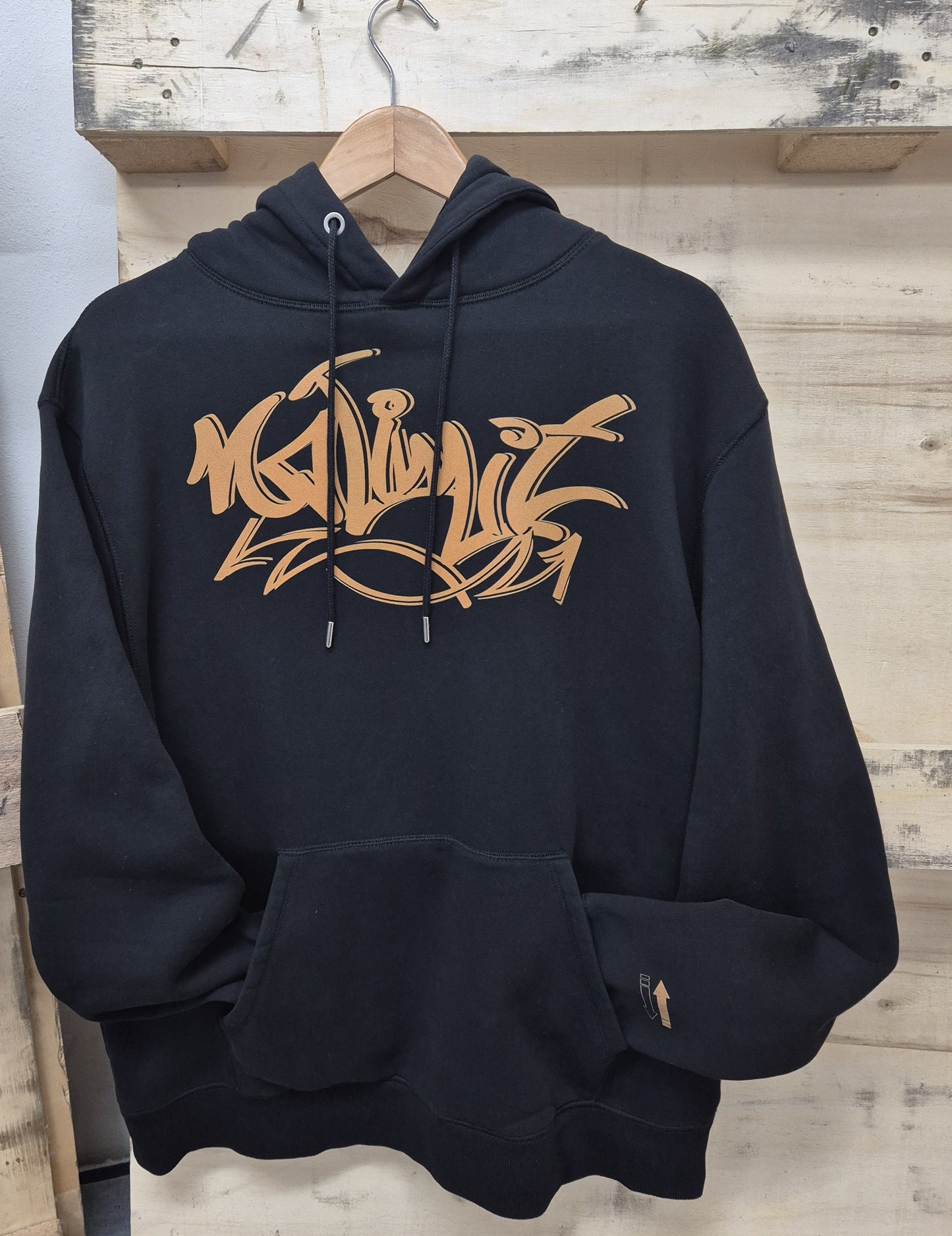 No Limit London Black Pullover Drawstring Rust Gold Print Logo Essential Hoodie
