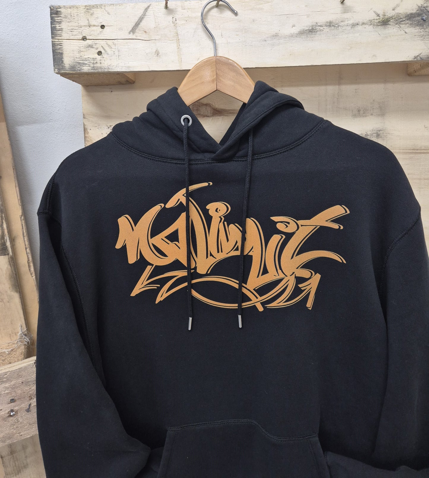 No Limit London Black Pullover Drawstring Rust Gold Print Logo Essential Hoodie
