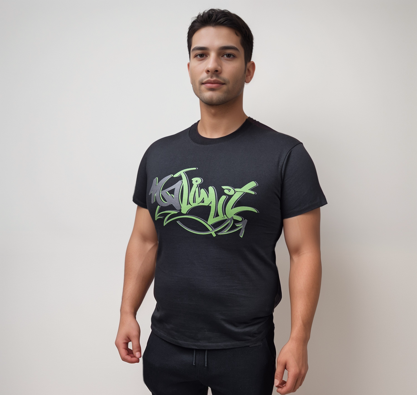 Men's Black Crew Neck Muscle T-shirt Green No Limit Graffiti Logo