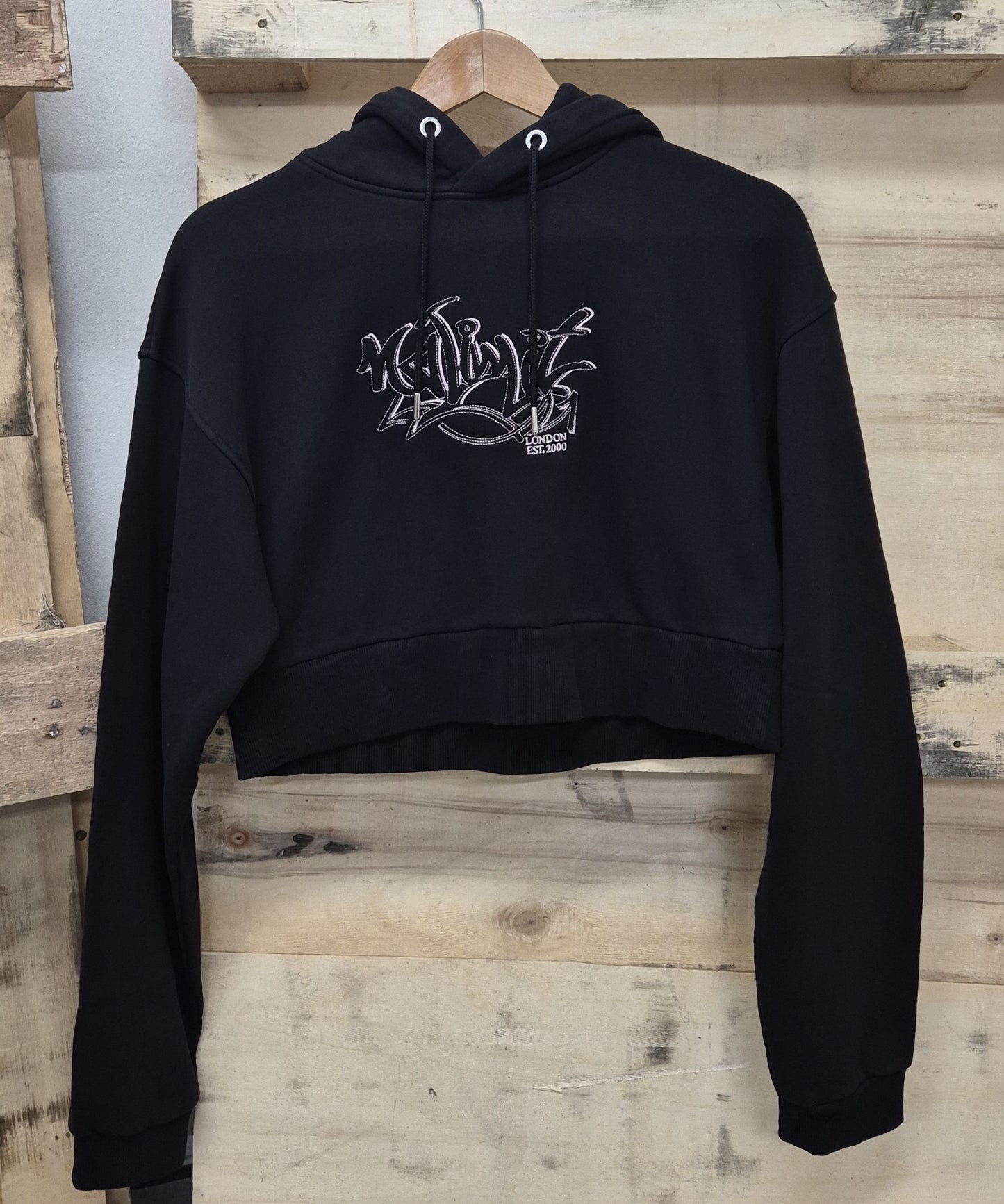 Womens Black Cropped Ribbed Hoodie Baby Pink Graffiti Embroidery