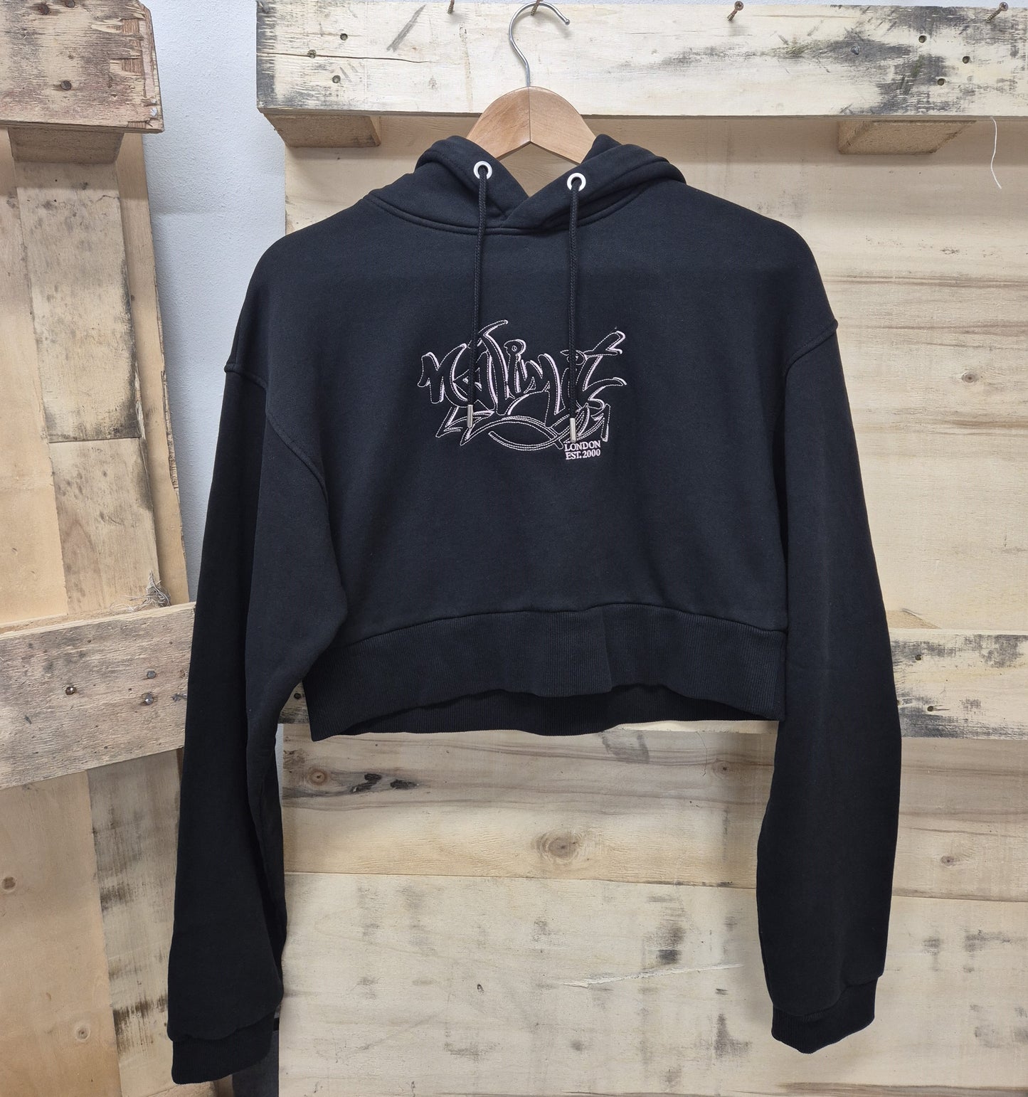 Womens Black Cropped Ribbed Hoodie Baby Pink Graffiti Embroidery