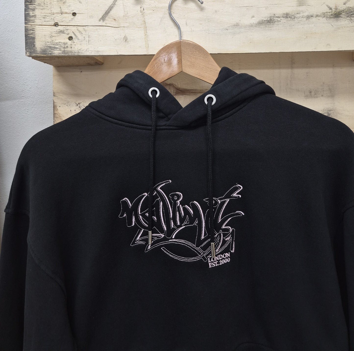 Womens Black Cropped Ribbed Hoodie Baby Pink Graffiti Embroidery