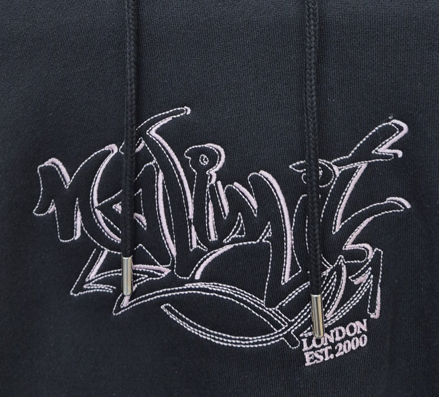 Womens Black Cropped Ribbed Hoodie Baby Pink Graffiti Embroidery