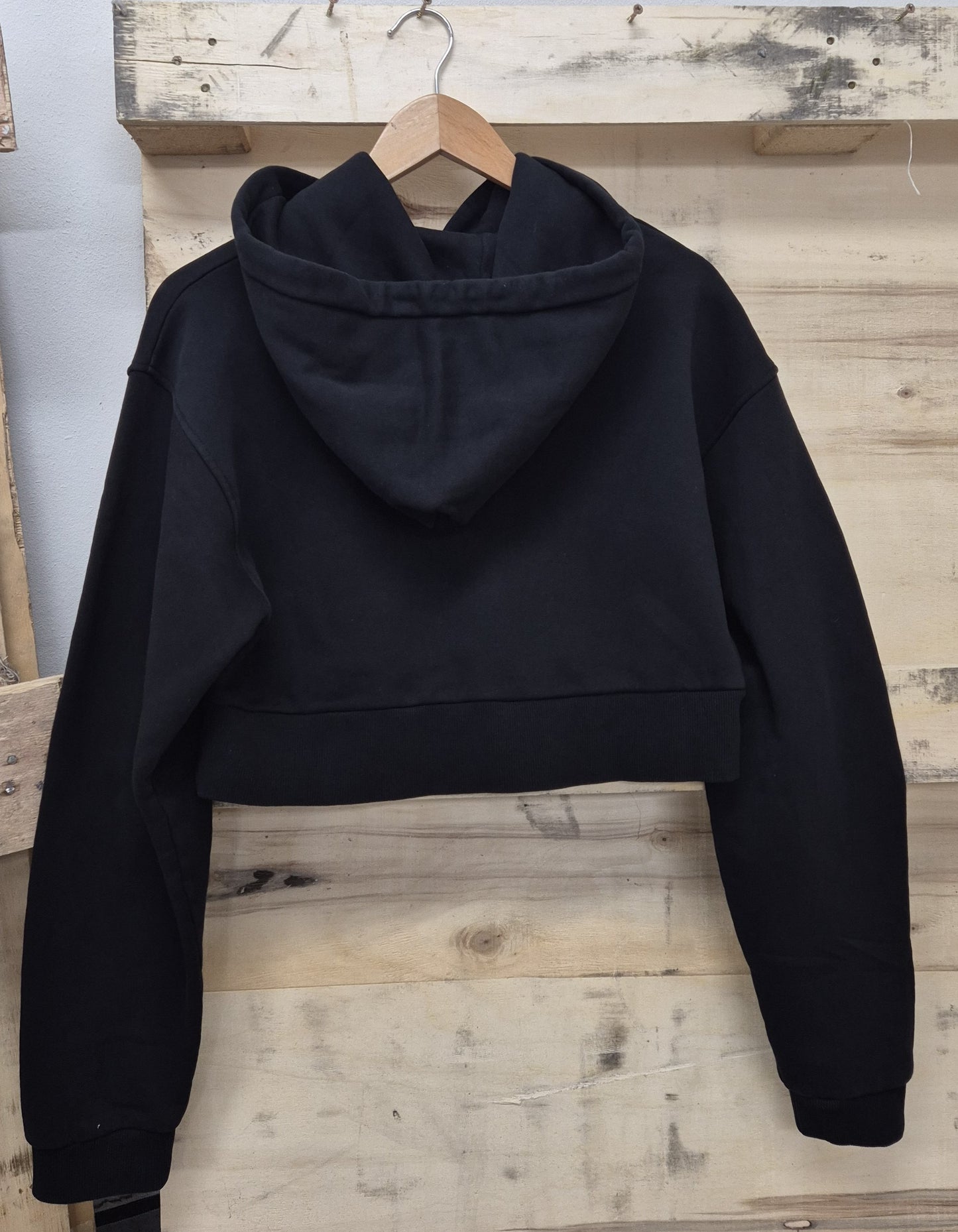 Womens Black Cropped Ribbed Hoodie Baby Pink Graffiti Embroidery