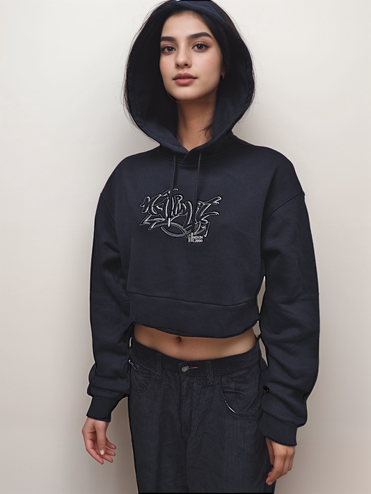 Womens Black Cropped Ribbed Hoodie Baby Pink Graffiti Embroidery