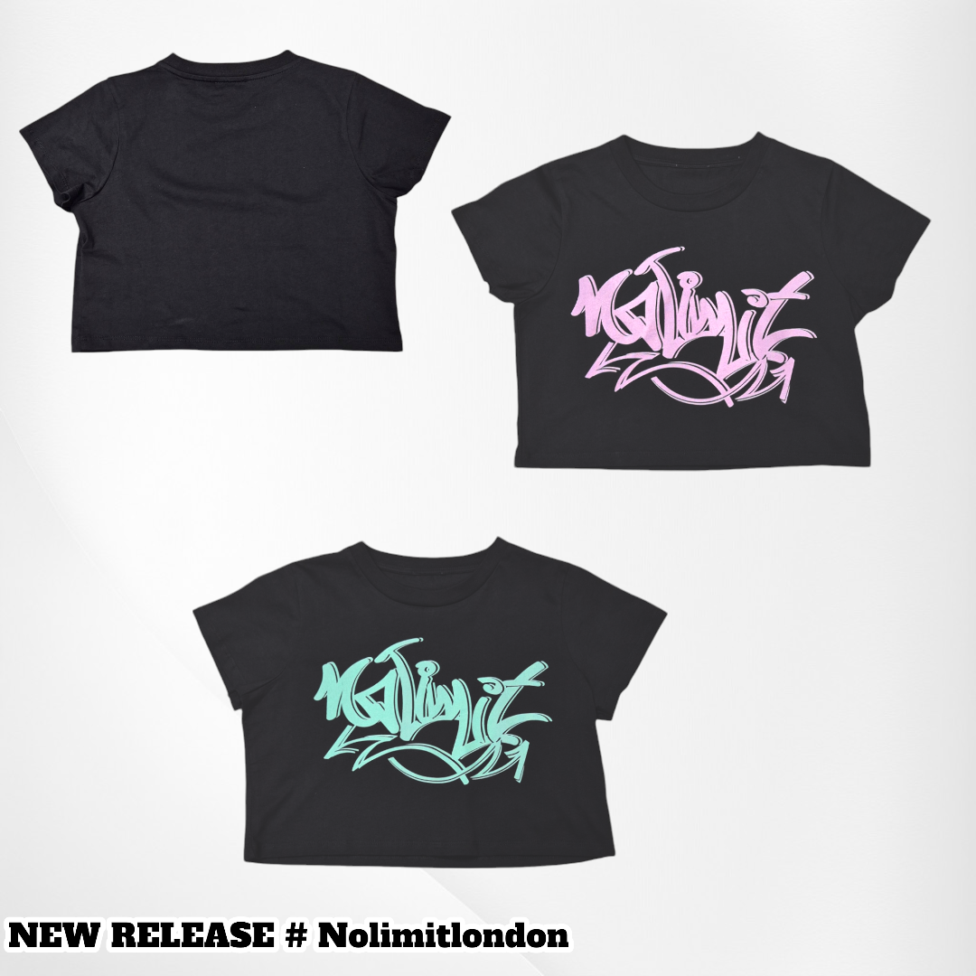 Women's Girls Black Cropped Graffiti Pink Logo T-shirts Sporty Workout Gym wear