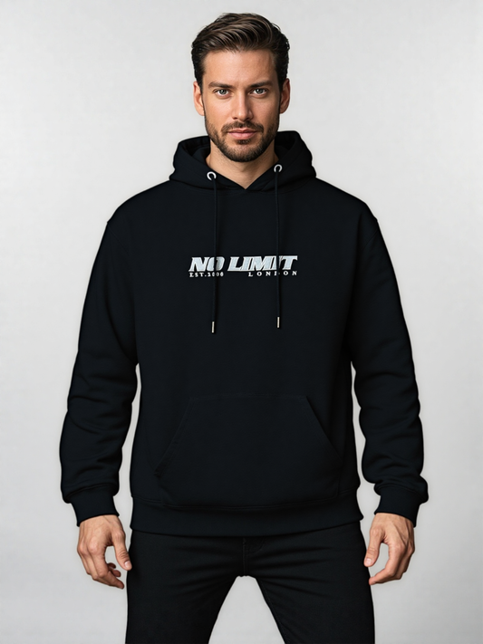 Man wearing a black hoodie with 'NO LIMIT LONDON' logo on a light gray background