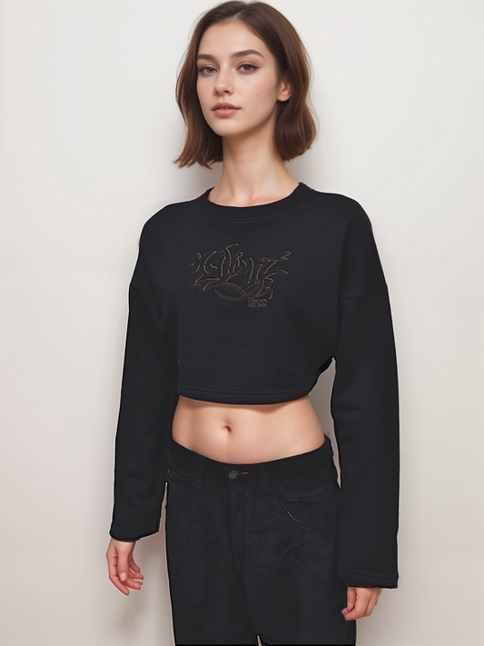 Women' Gym Workout Black Cropped pullover Sweatshirt No Limit Embroidery