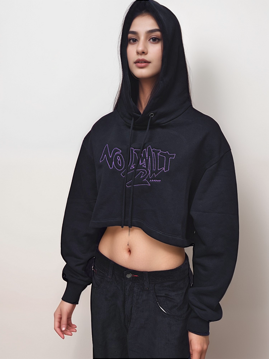 Women' Gym Black Cropped Hoodie Purple Chain No Limit London Embroidery