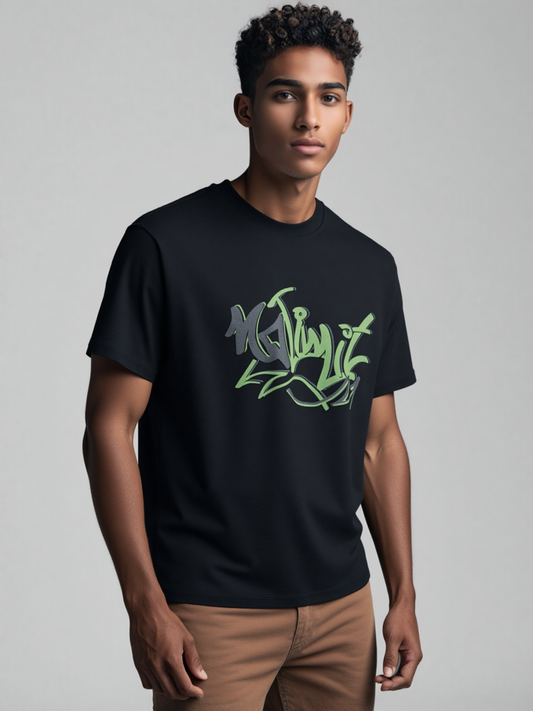 Person wearing a black No Limit t-shirt with green graphic design on a grey background