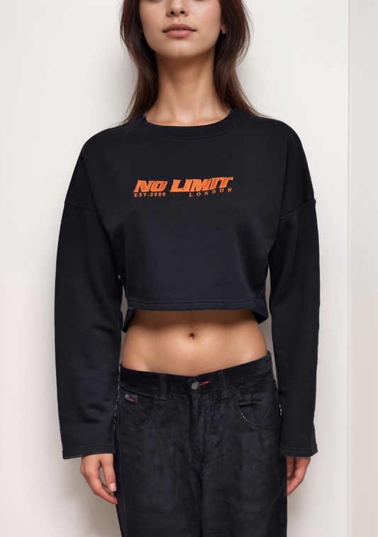 Women' Gym Workout Black Cropped pullover Sweatshirt No Limit Embroidery